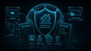 Neon blue infographic showing a DOMESTIC ASSET PROTECTION TRUST shield with a house, connected to trust documents and state icons (Wyoming, Nevada, South Dakota).